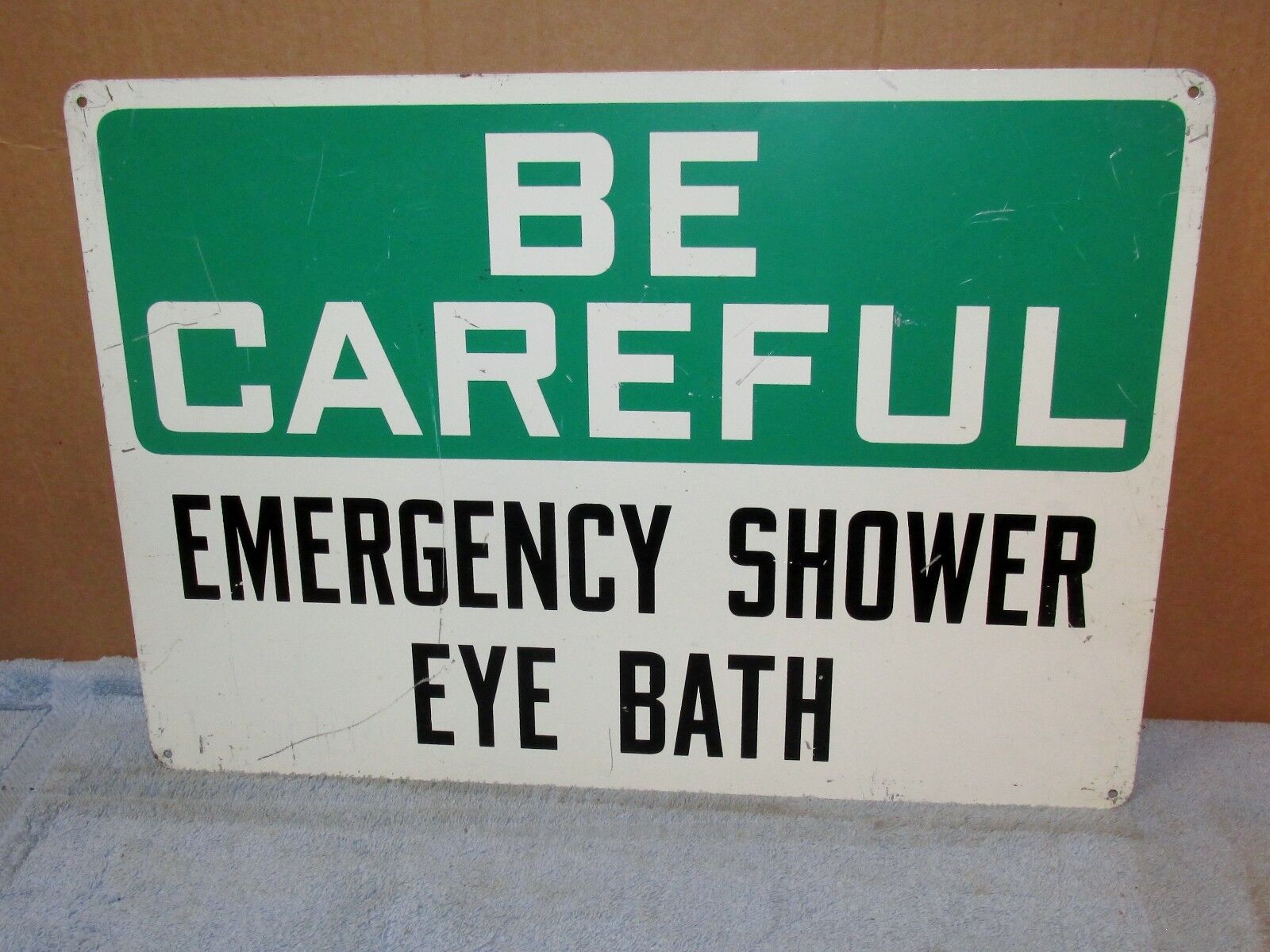 Vtg BE CAREFUL EMERGENCY SHOWER EYE BATH 20x14 Industrial Sign Steampunk S415