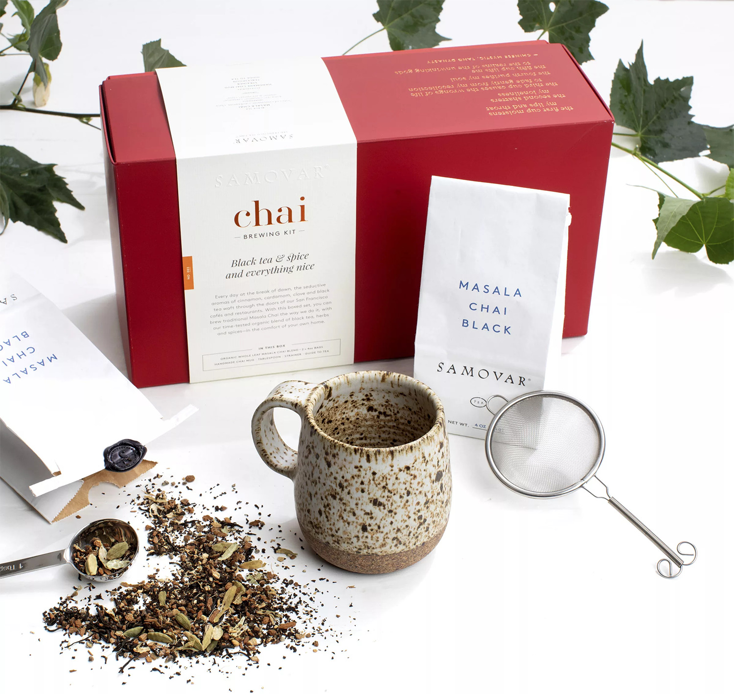 Samovar Masala Chai Tea Gift Set,  Whole Leaf & Spice Cozy Mug, Strainer & More