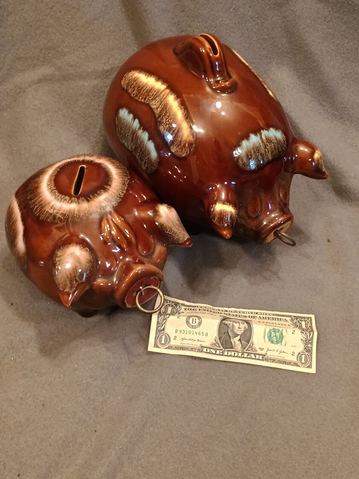 Pair of  2 Vintage Corky Pig Piggy Banks Brown  Drip glaze  Hull pottery USA