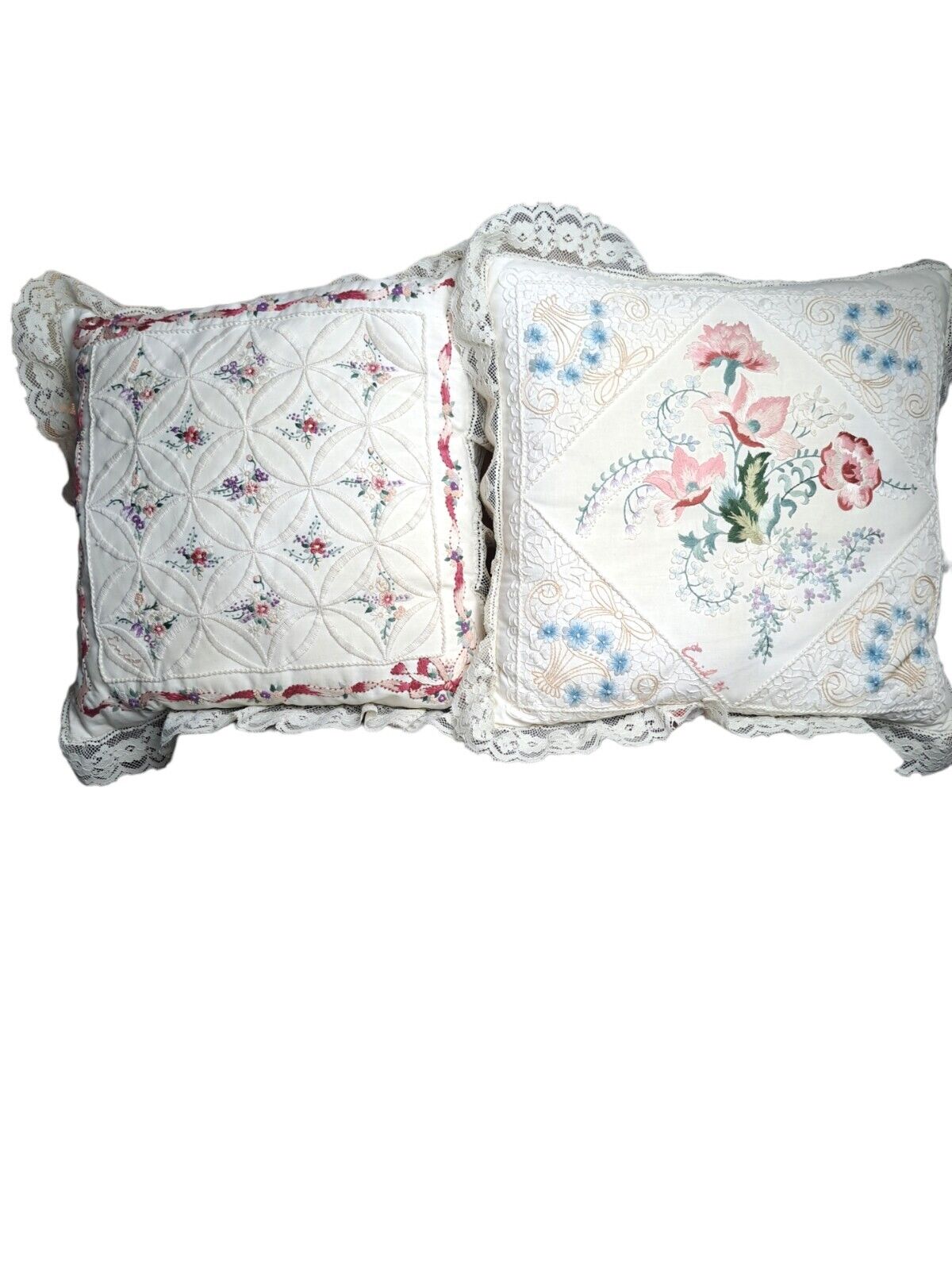 Vintage Pair Hand Embroidered Floral Throw Pillows~Granny Core~Lace Edges~Signed