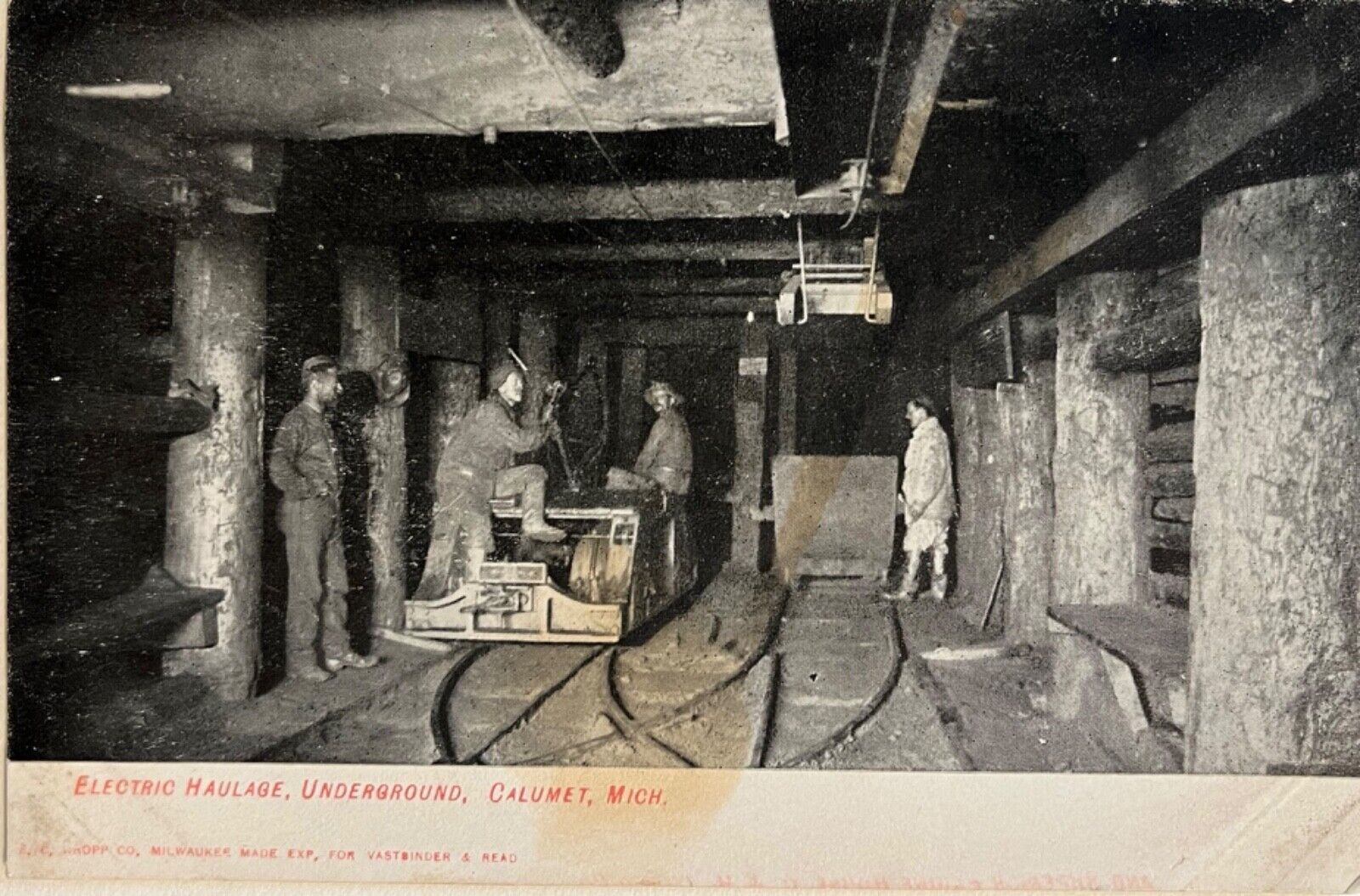 Calumet Michigan Men Mining Underground Electric Haulage Postcard c1910
