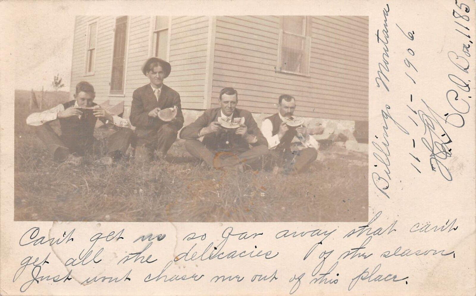 RPPC Billings Montana Four Men Eating Watermelon 1906 Photo Postcard