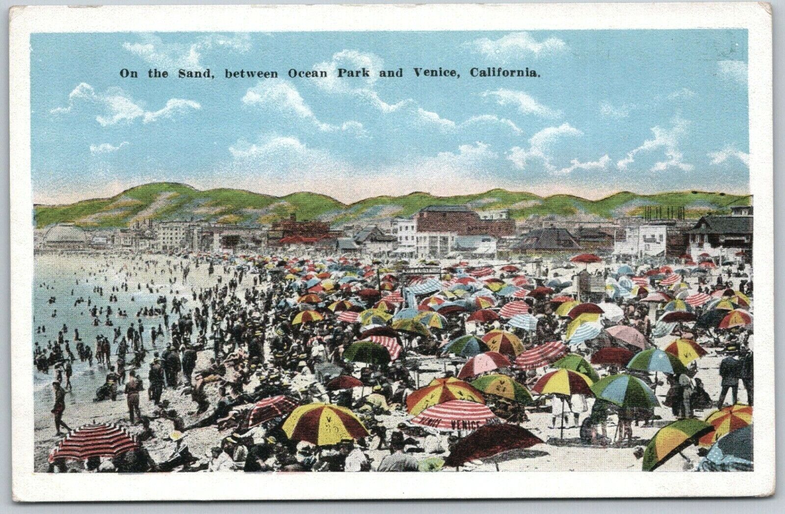 Postcard CA Early 1900s People Sand Beach Umbrellas Venice California           