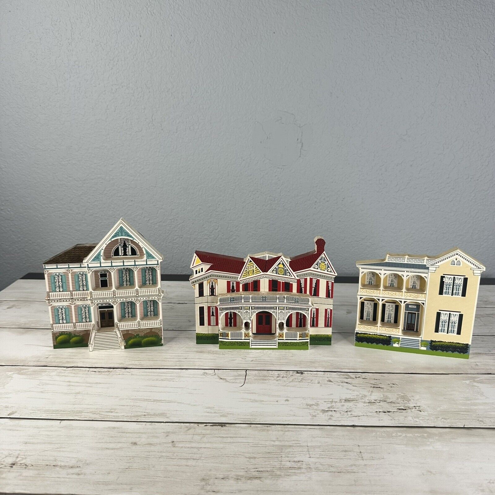Lot of 3 Vintage Sheila's Collectibles Wood Houses:  Galveston Texas - 2 Signed