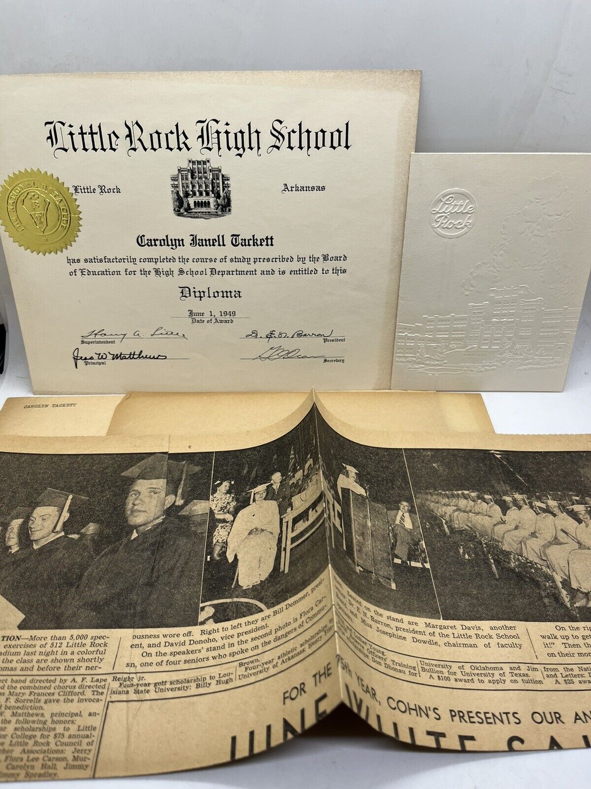 1949 Little Rock Central High School Diploma & Graduation Invitation Program AR