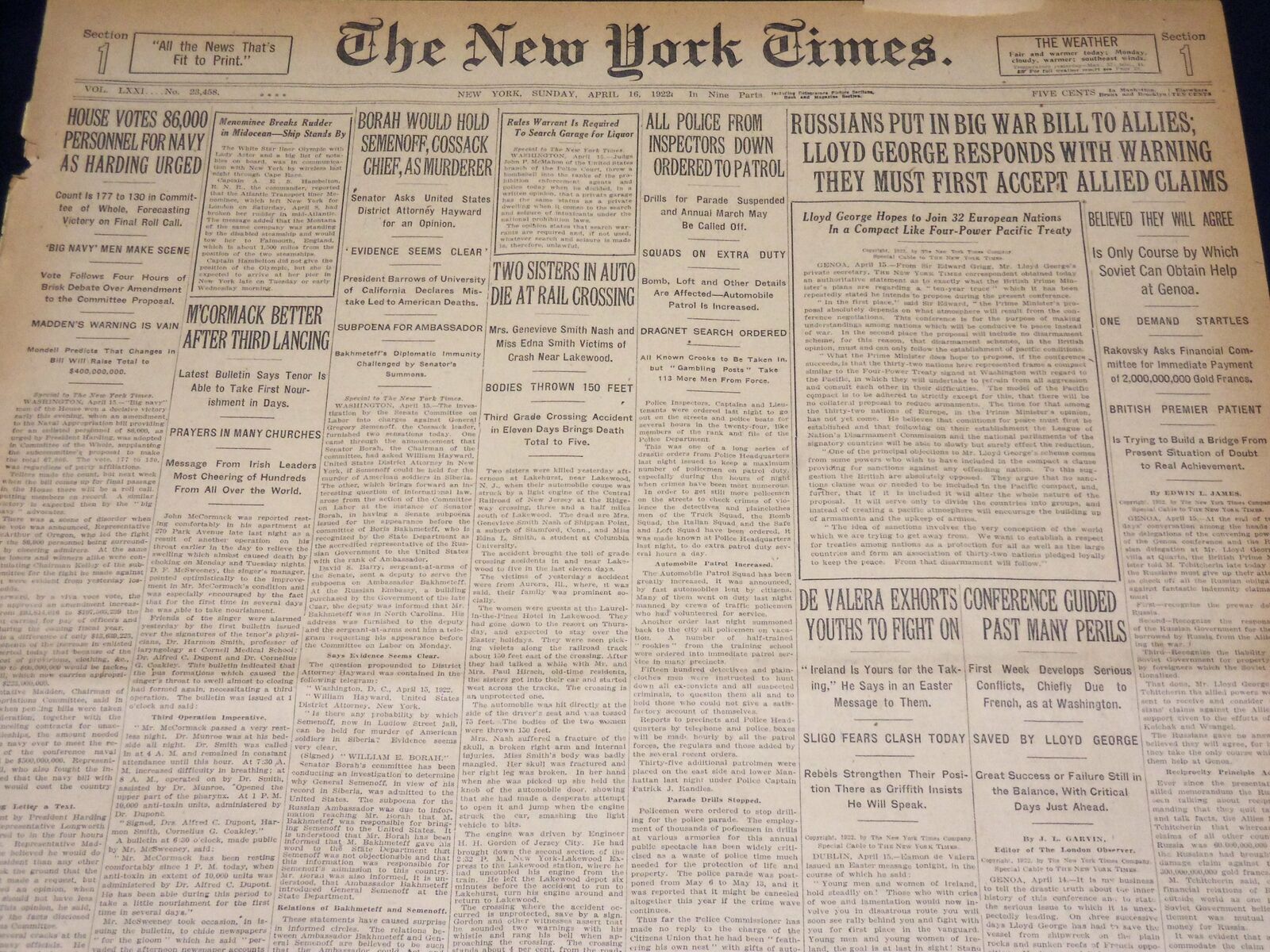 1922 APRIL 16 NEW YORK TIMES - M'CORMACK BETTER AFTER THIRD LANCING - NT 8582