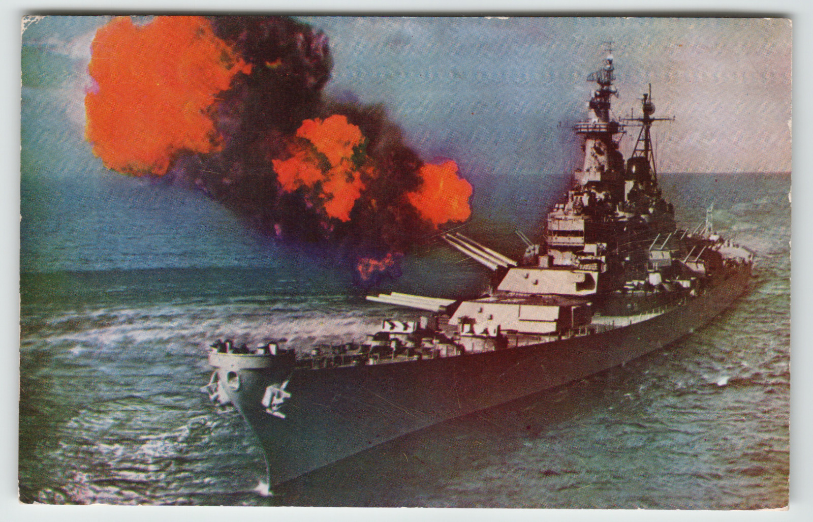 Postcard Vintage U.S.S. Missouri Battle Ship with Guns Firing a Salvo