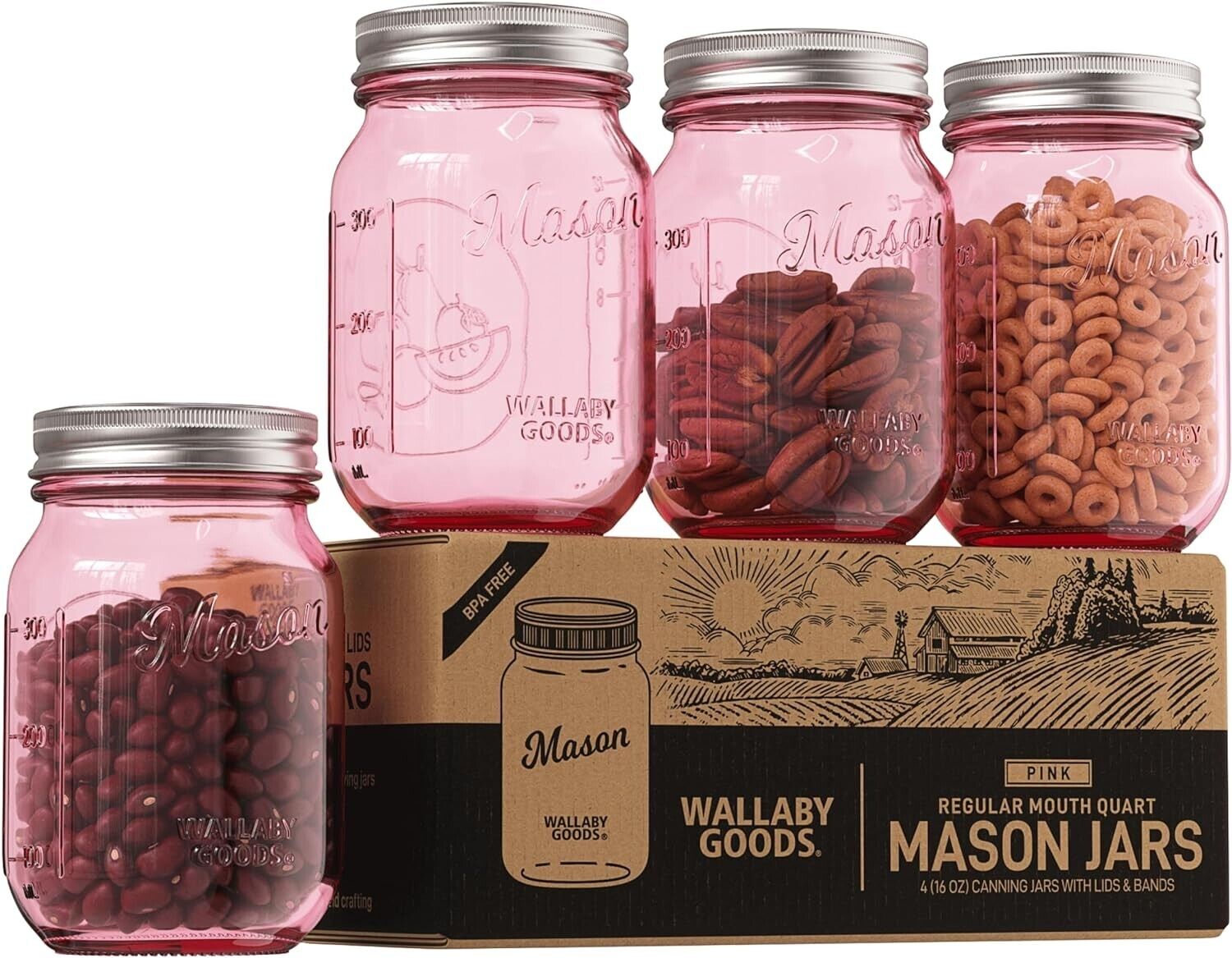 Wallaby 16oz Regular Mouth Pink Mason Jars with Lid & Seal Bands 4-Pack