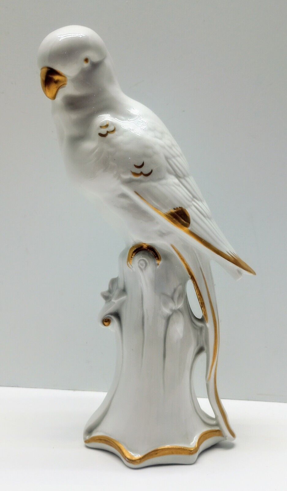 Pre-1949 White Porcelain Parrot w Gold Accents Bird Made in Germany Numbered MCM