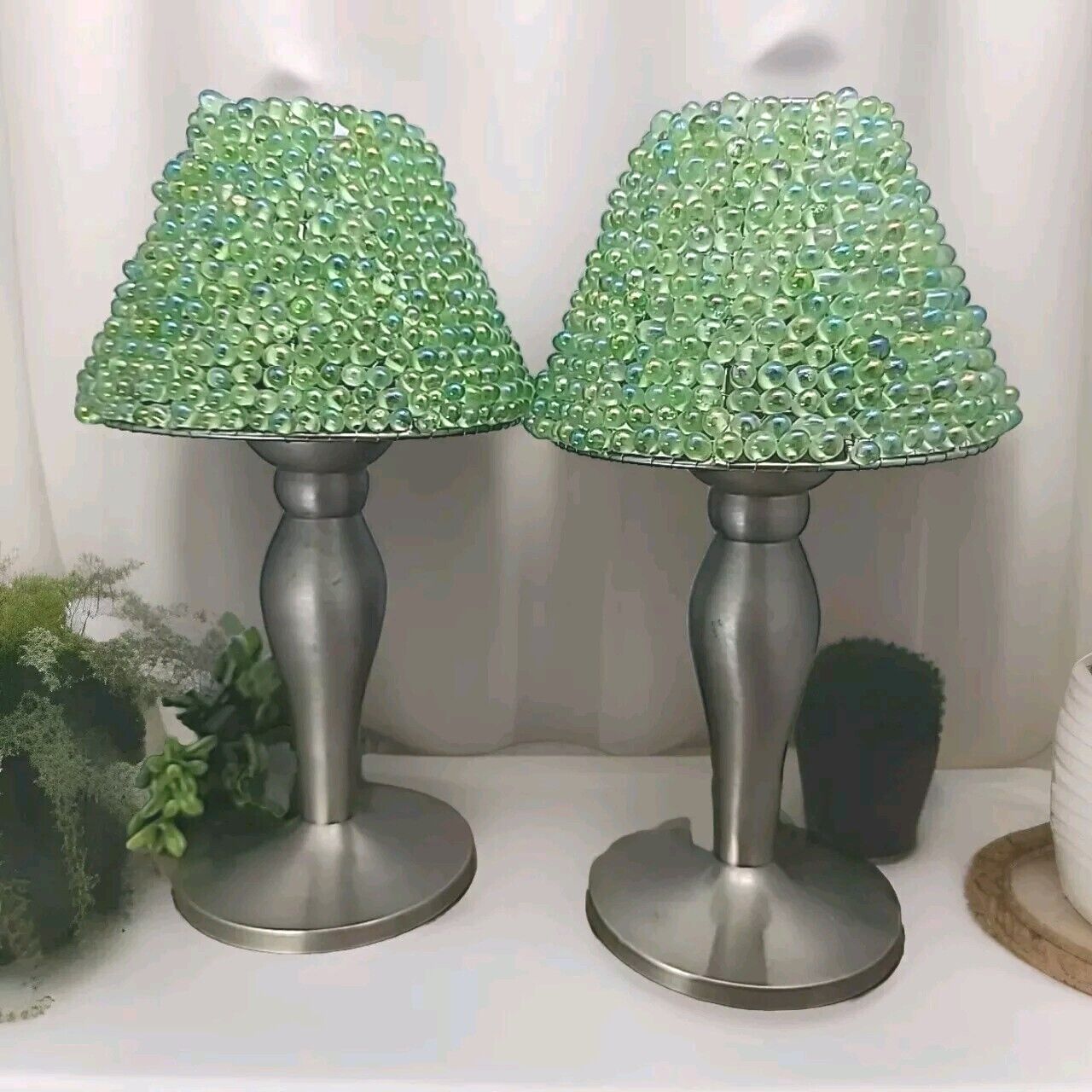2 Brass Tealight Candle Lamps W Green Beaded Lamp Shade 10\