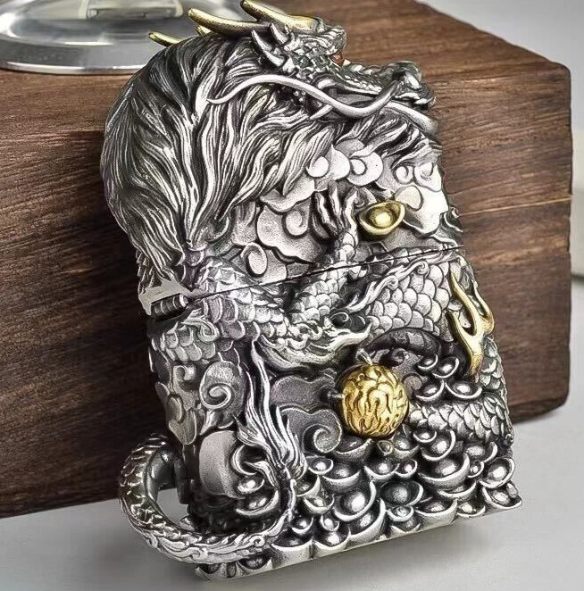 New Zippo oil Lighter dragon silver with box