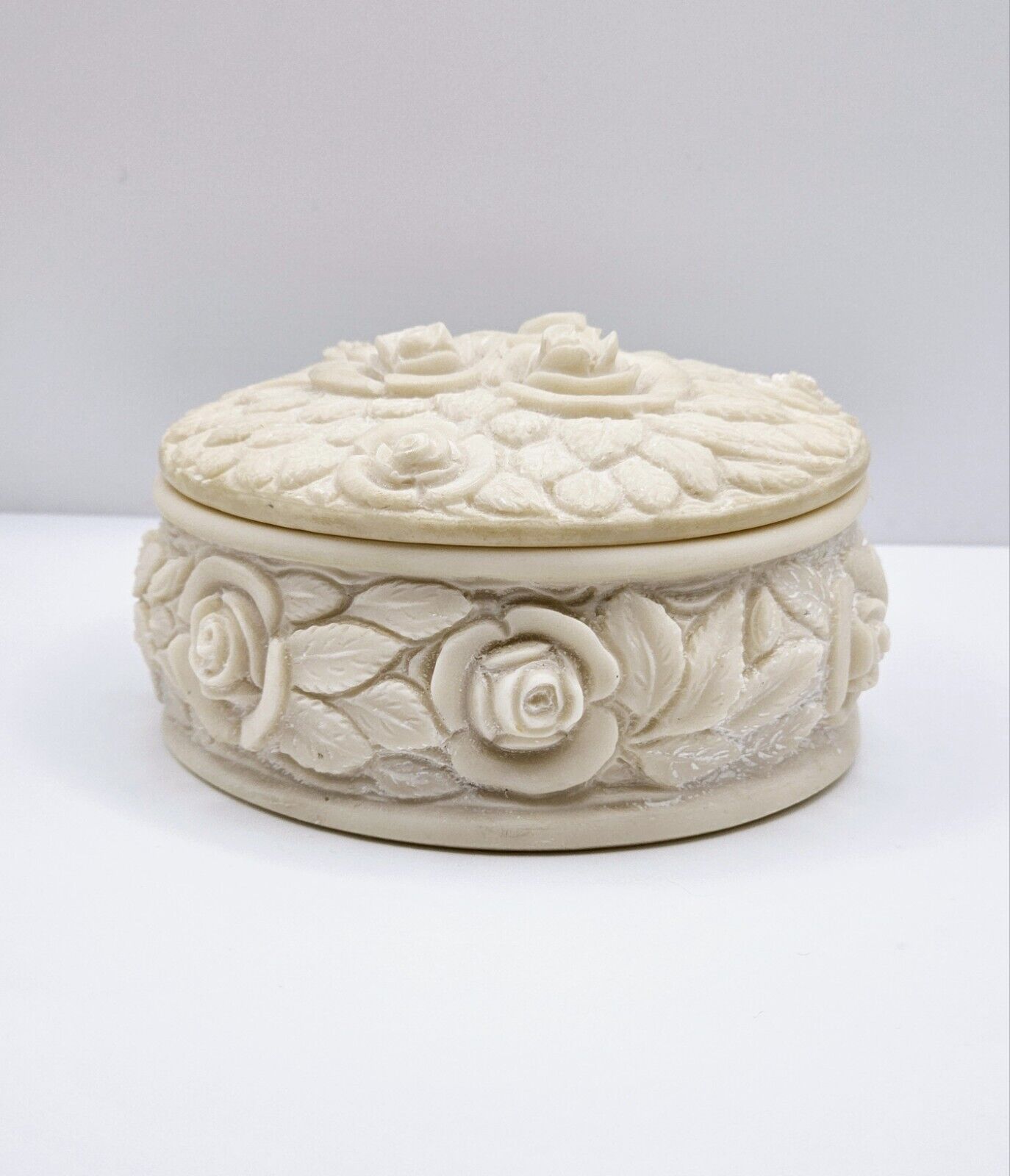 Vintage 1950s A Giannetti Hand Carved Flower Rose Alabaster Round Trinket Dish