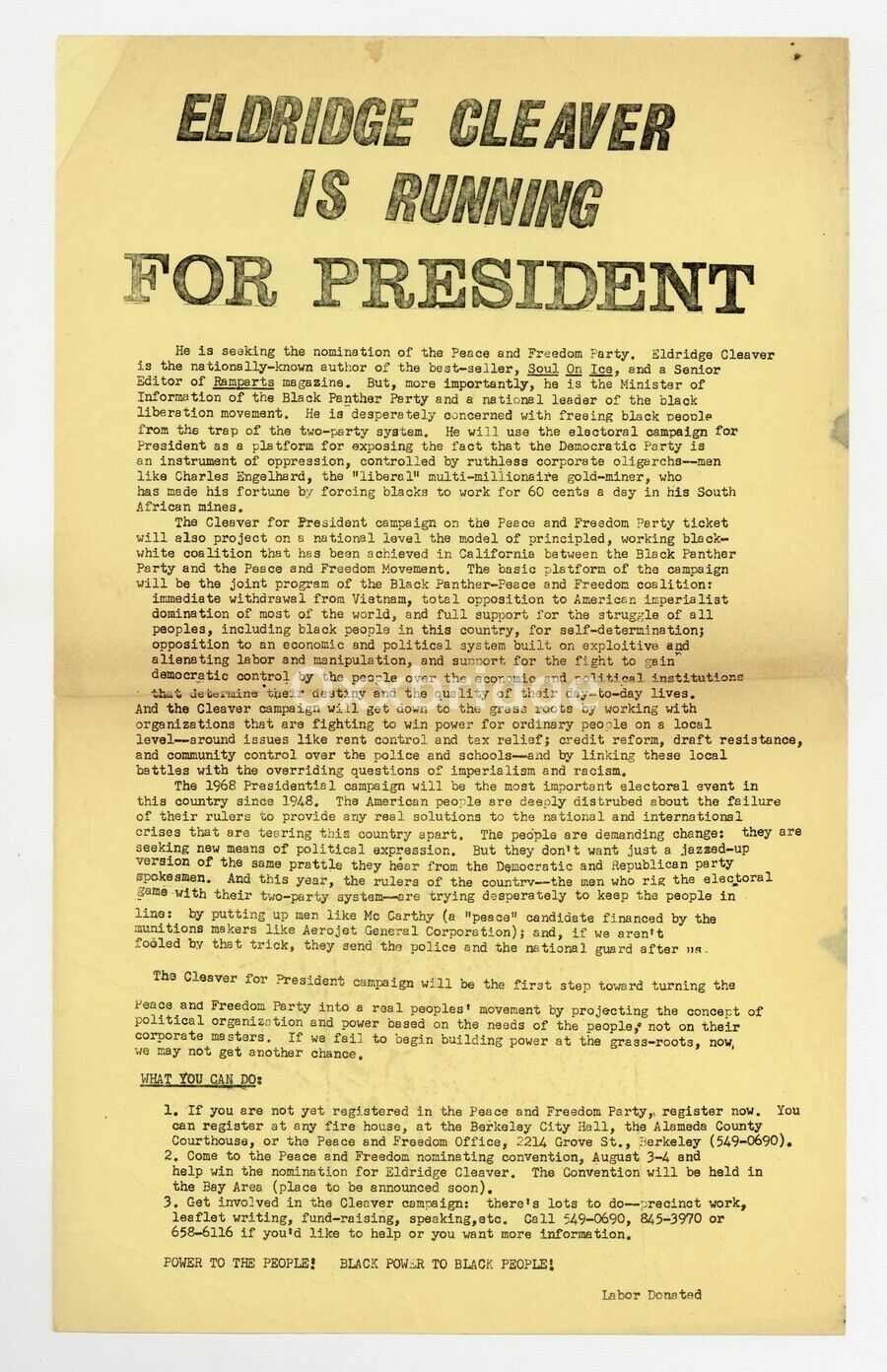 Eldridge Cleaver For President 1968 Oakland Poster Black Panther Party Peace