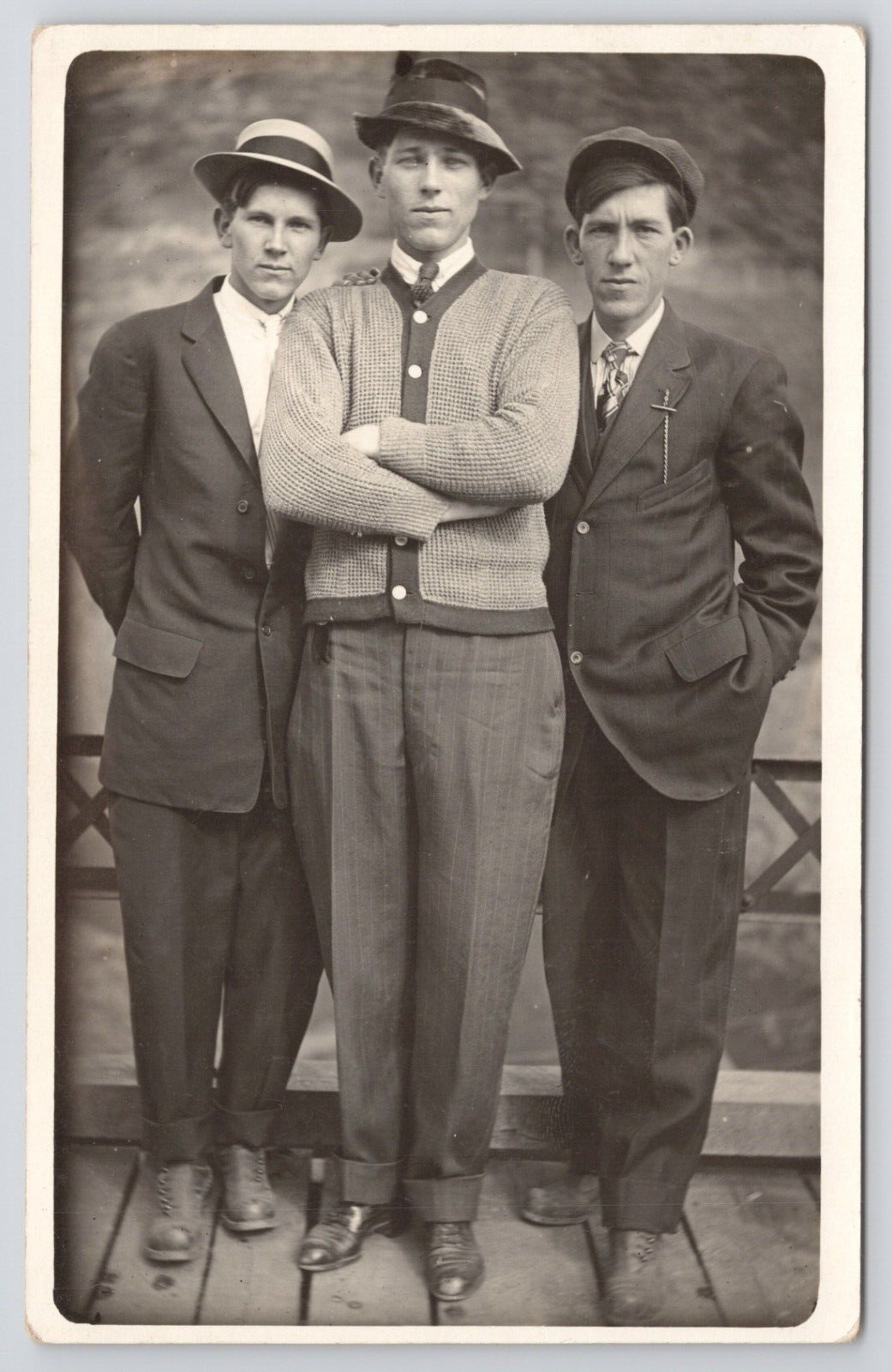 RPPC Three Young Men with Hands Hidden c1905 Real Photo Postcard