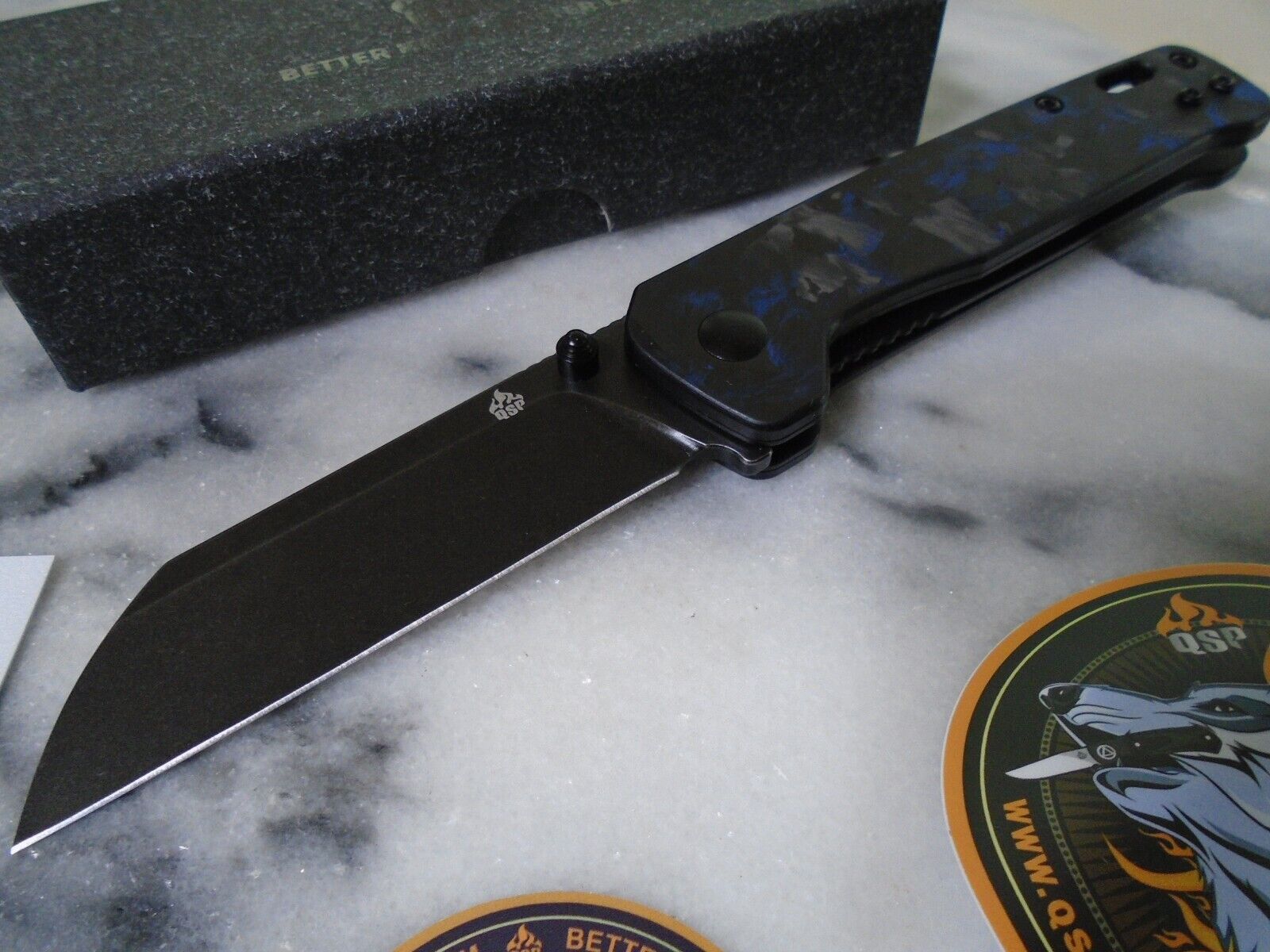 QSP Penguin Pocket Knife D2 Blue Shredded Carbon Fiber 2 Way Clip QS130-UBL New