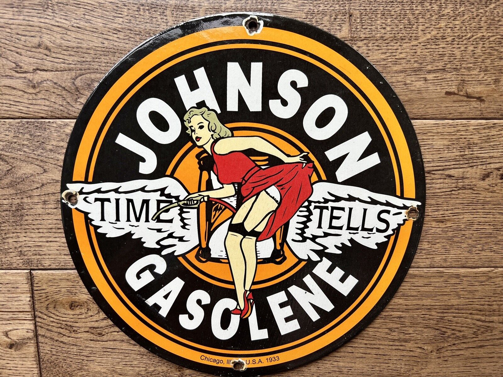 vintage Johnson Gasoline Porcelain Sign 12” 