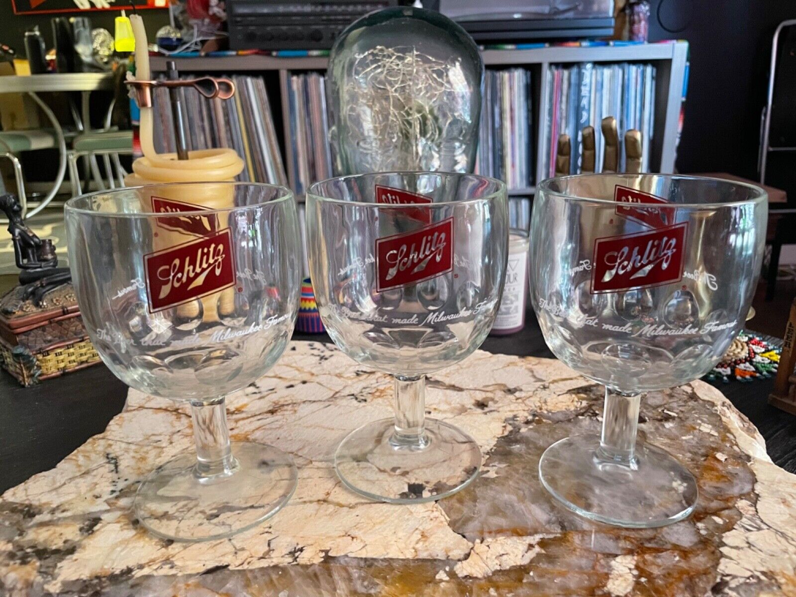 Vintage SHLITZ Heavy Glass Goblets (3) Pedestal Beer 1970s Thumbprint 6” Tall