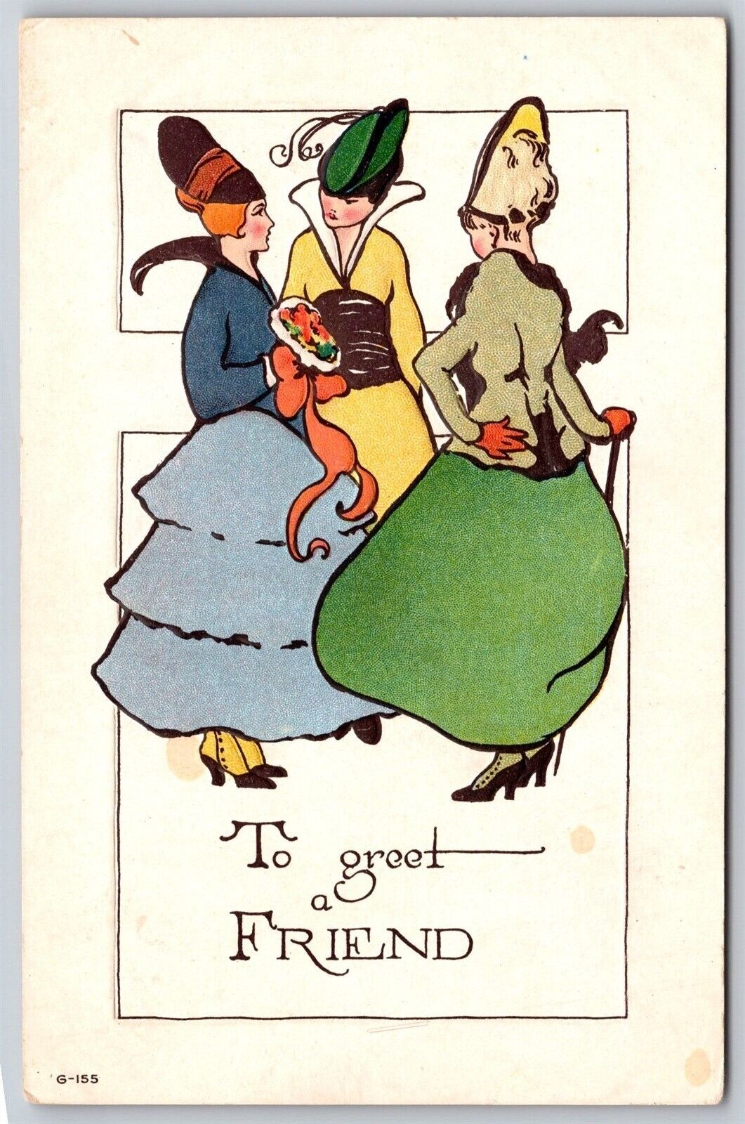 Postcard To Greet a Friend Greeting Three Ladies embossed J33