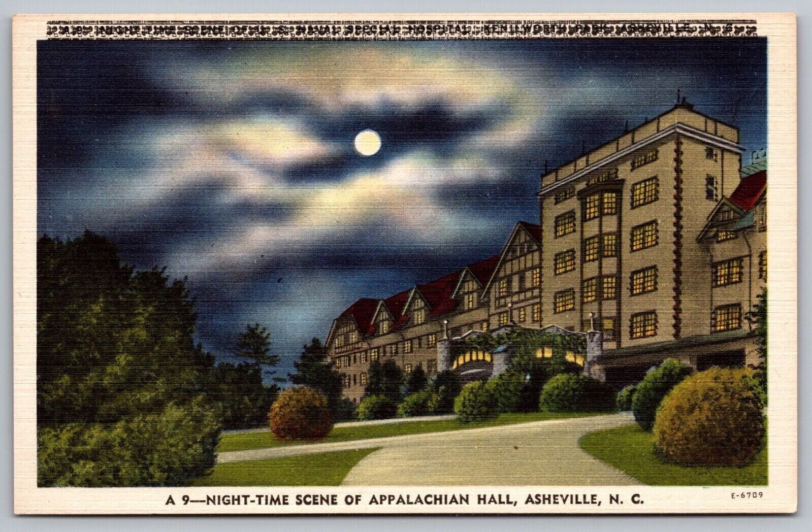 Night Time Appalachian Hall Asheville North Carolina Linen Moonlight Postcard