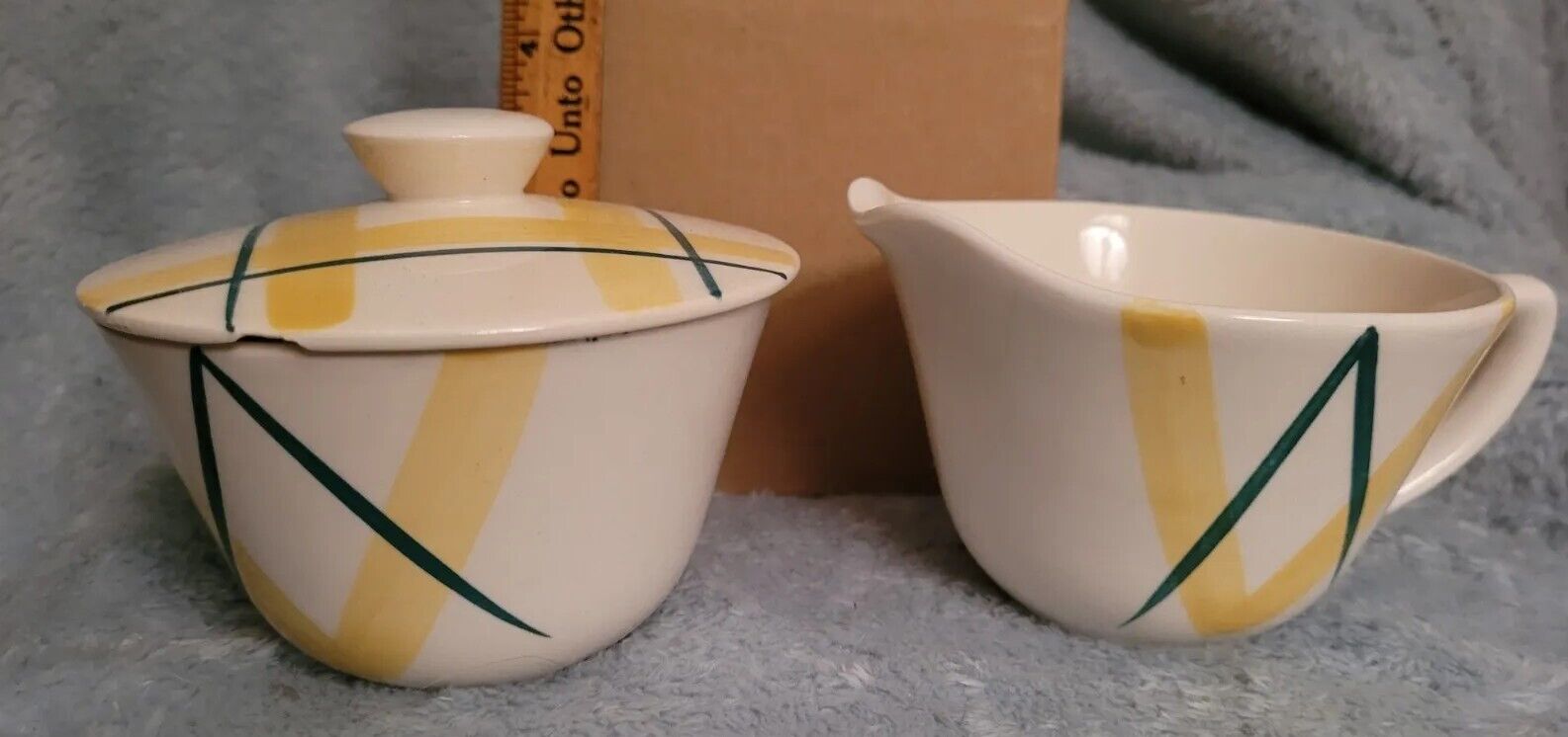 Vintage Porcelain Creamer And Sugar Set white blue and yellow 1970s 1980s