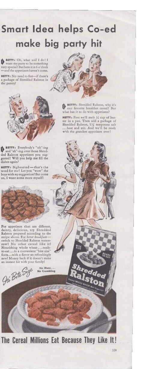 1941 Print Ad Shredded Ralston Cereal Smart Idea helps Co-ed make big party hit