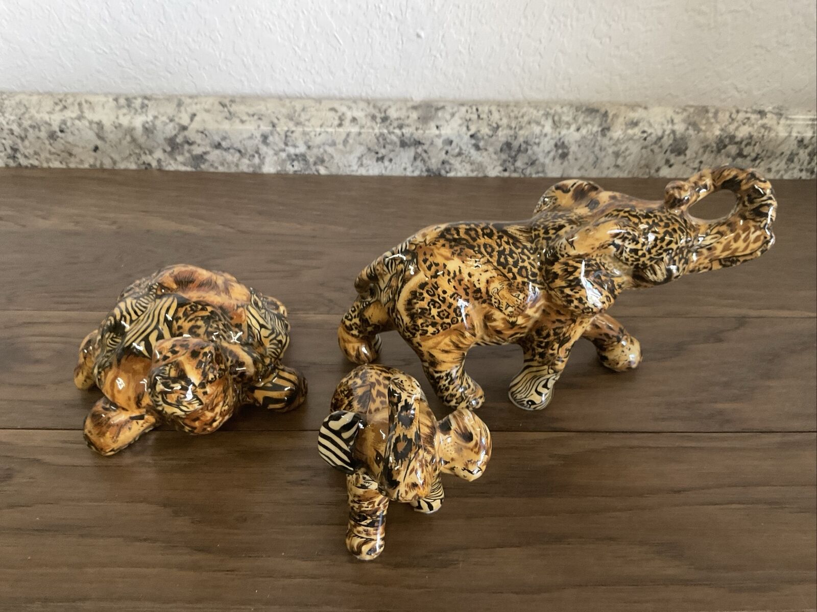 Lot of 3 La Vie Elephant Figurine Safari Animal Print Patchwork Ceramic Turtle