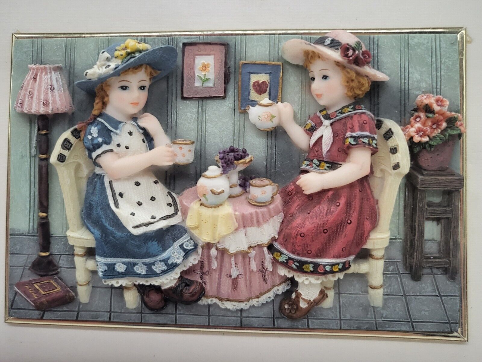Hand Painted 3D Art Frame By A. Richesco Corp. Tea Party. 8.75 X 6.75 Inches