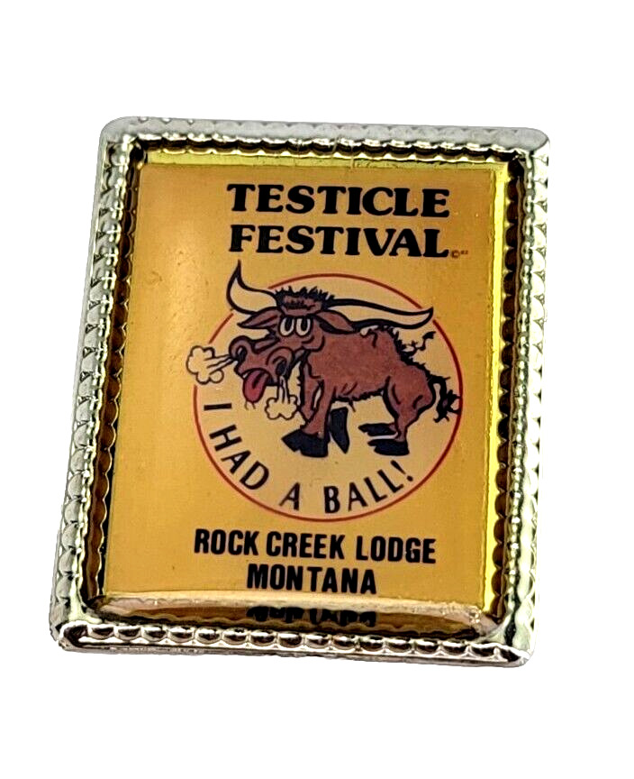 Vintage Rocky Mountain Oysters Testicle Festival Rock Creek Lodge Montana Pin