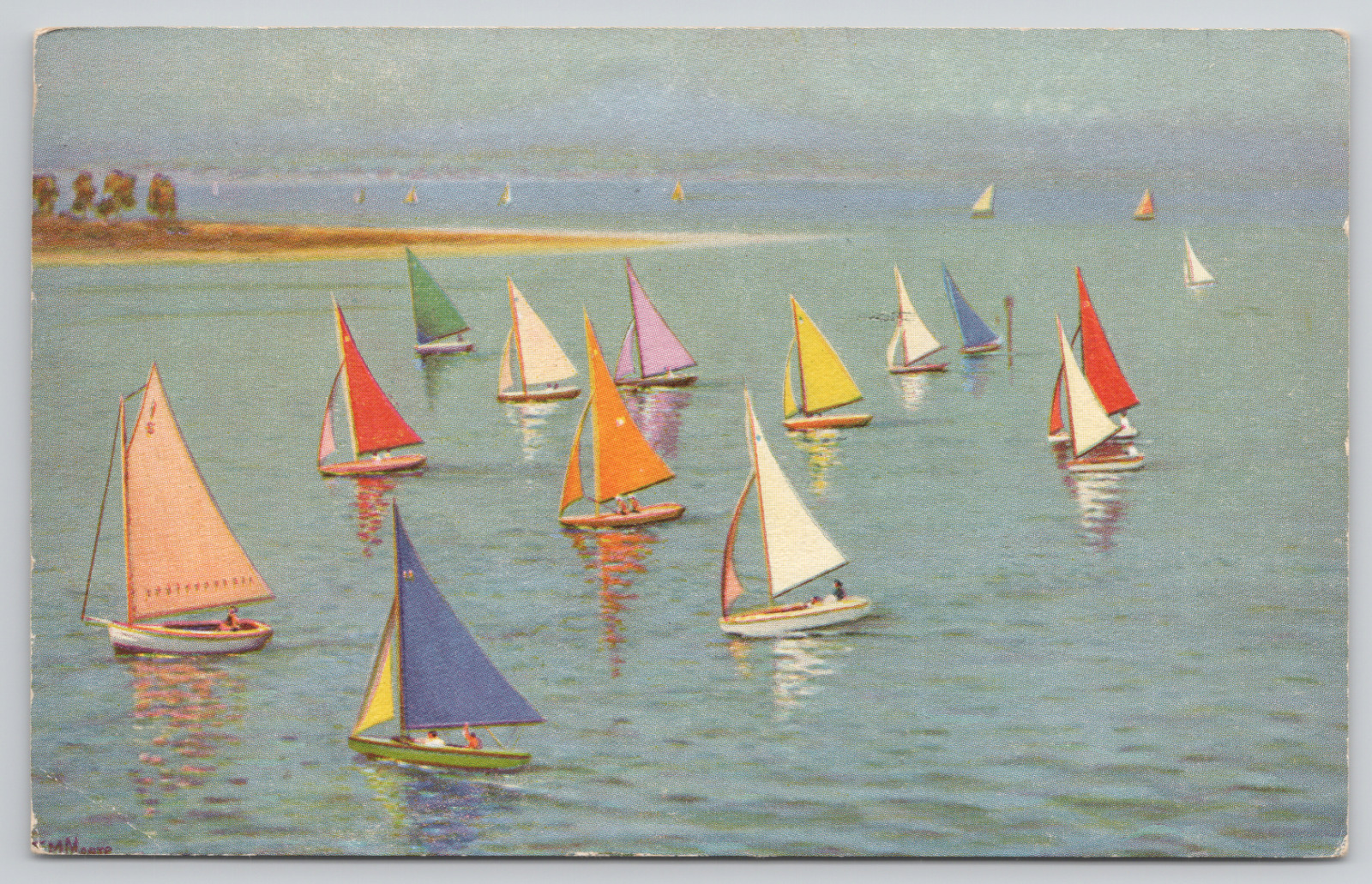 Colorful Sailboats Posted 1935 Linen Postcard