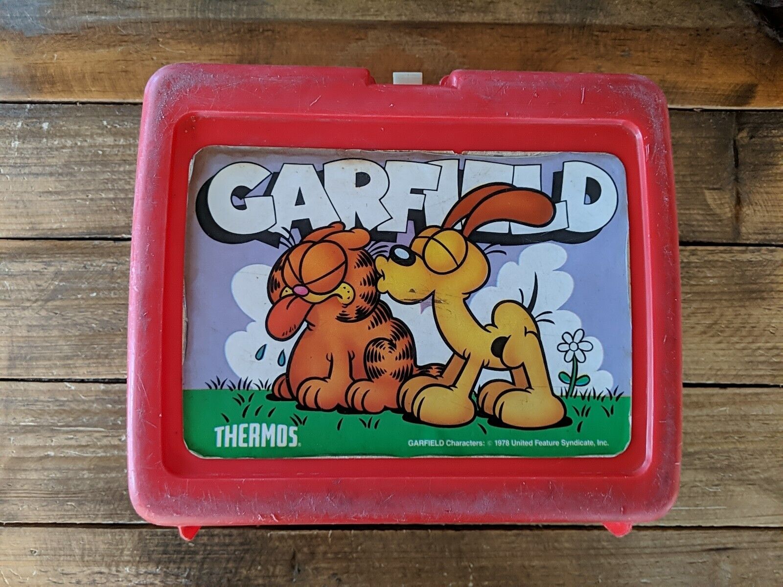 1978 Vintage Garfield Odie Red Plastic Lunch Box White Thermos Cup USA Jim Davis