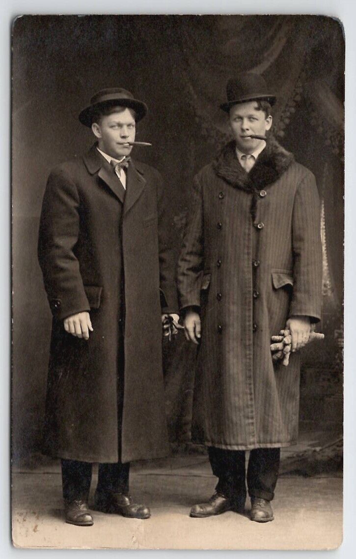 RPPC Rushford MN Two Dapper Young Men Cigars Hats Coats Photo Postcard R30