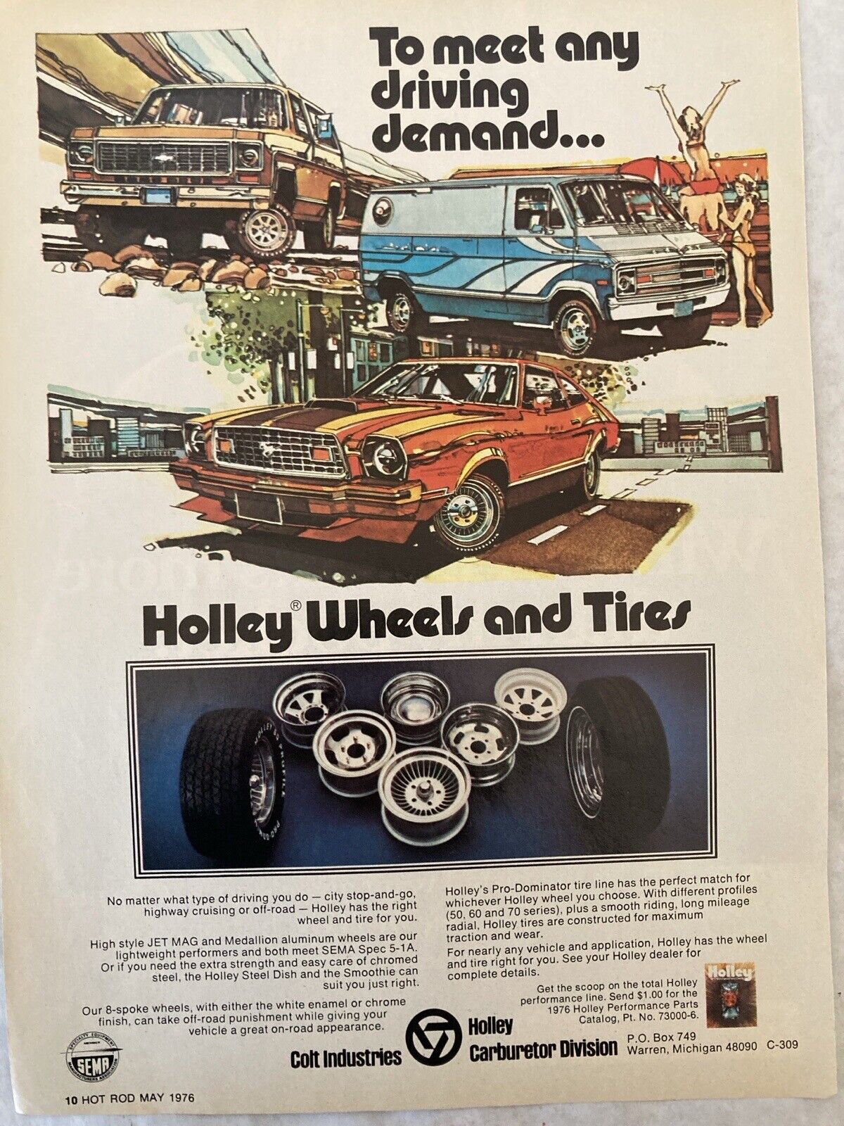 1976 Holley Wheels and Tires Print Ad Colt Industries Carburetor Division