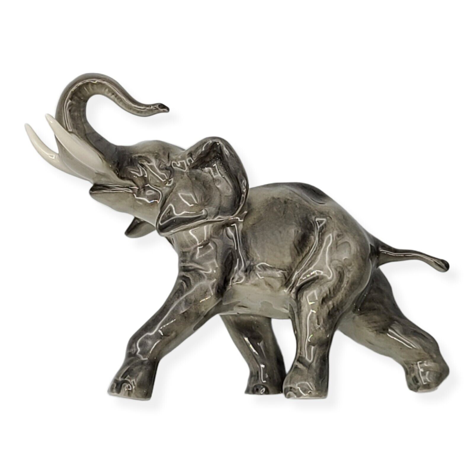 Vintage JHR Hutschenreuther Germany Porcelain Gray Elephant Figurine Trunk Up