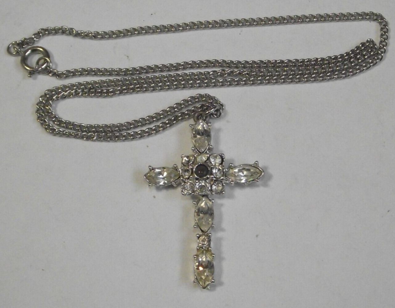 Vtg The Lord's Prayer Our Father crystal stanhope cross pendant chain necklace