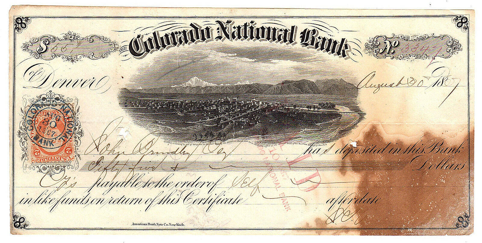 August 30, 1867 Denver Colorado National Bank Note, Ctf No. 3347, w/ R6C Revenue