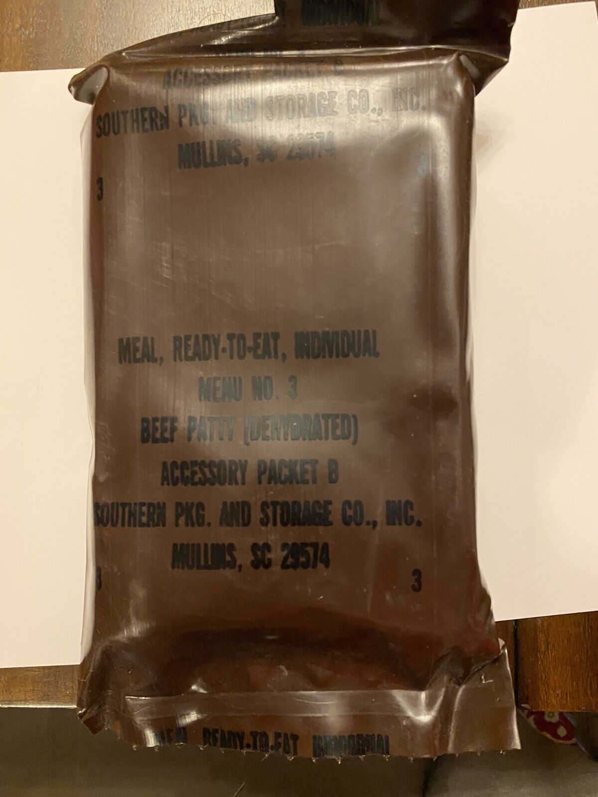 Vintage 1985 MRE Meal Ready To Eat BEEF PATTY Dehydrated Menu No 3 Accessory B