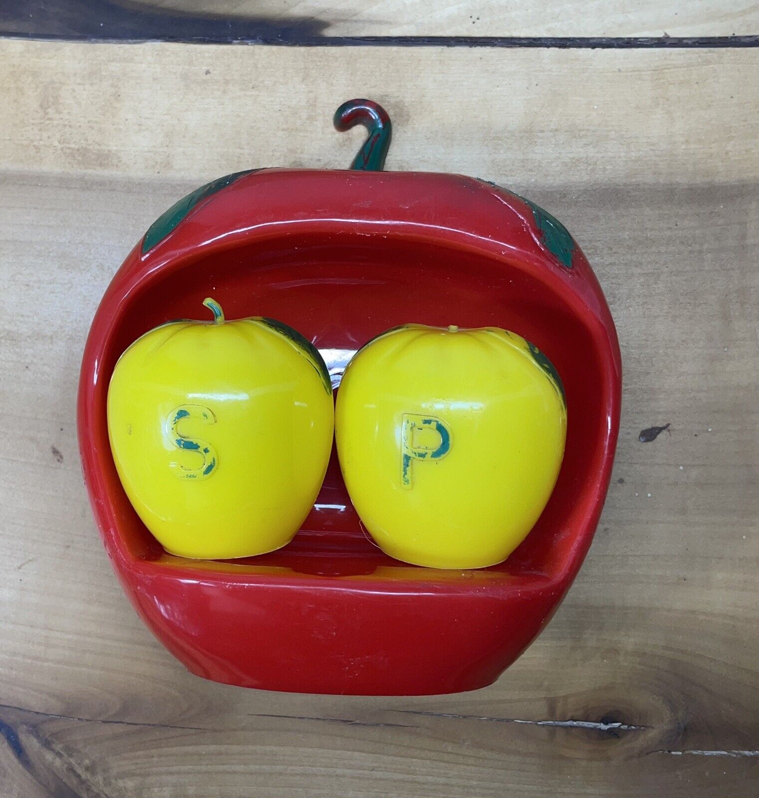 Vintage Plastic Salt and Pepper Shakers - Yellow Tomatoes - Red Hanging Holder
