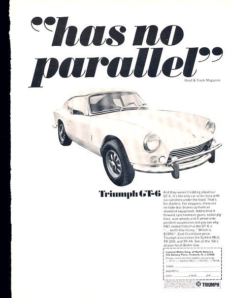 1968 Triumph GT6 GT-6 Coupe Original Advertisement Print Art Car Ad J390