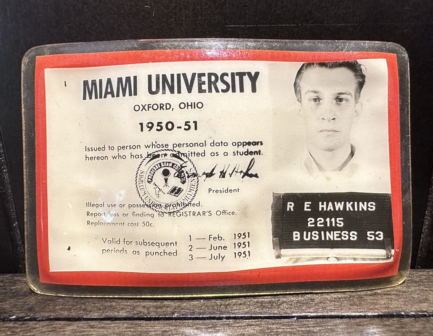 Vintage 1950 1951 Miami University Oxford Ohio Student ID Identification Card