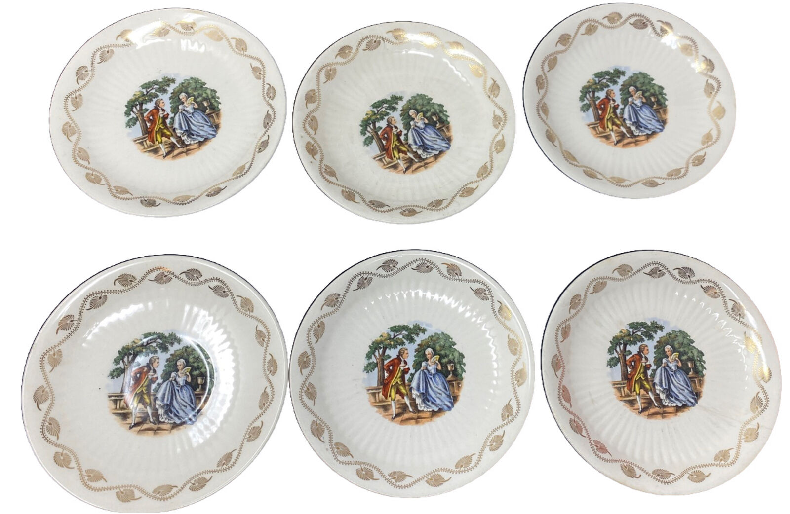 6 Royal China Godey Print Courting Couple Saucers 22k Early American