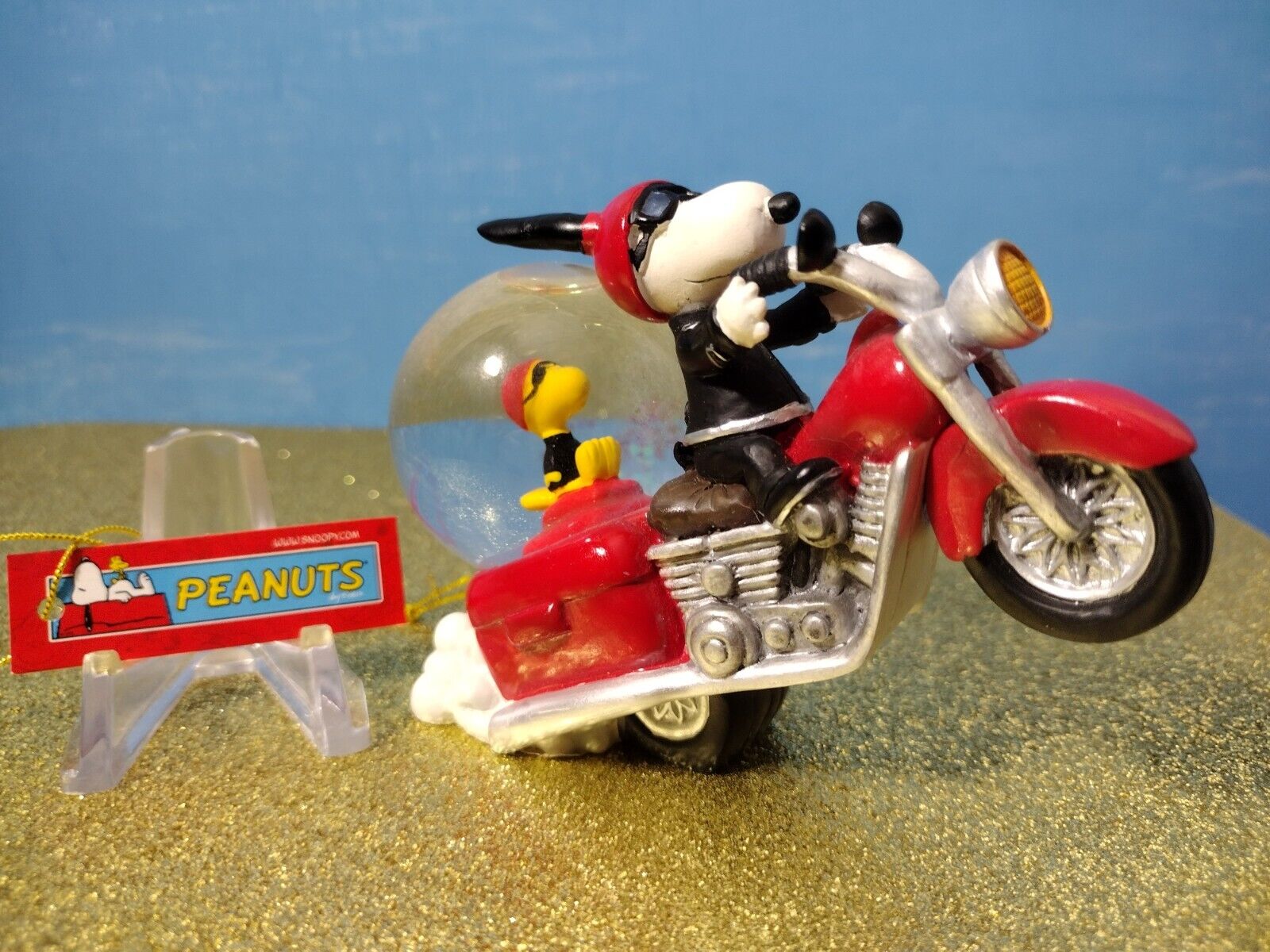 RARE Peanuts Snoopy Woodstock JOE COOL MOTORCYCLE Glitter Globe Westland 18237.