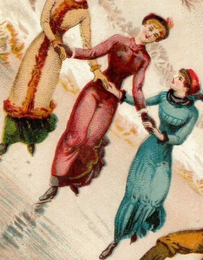 1870's-80's Victorian Card Winter Three Lovely Ladies & Man Ice Skating 7A