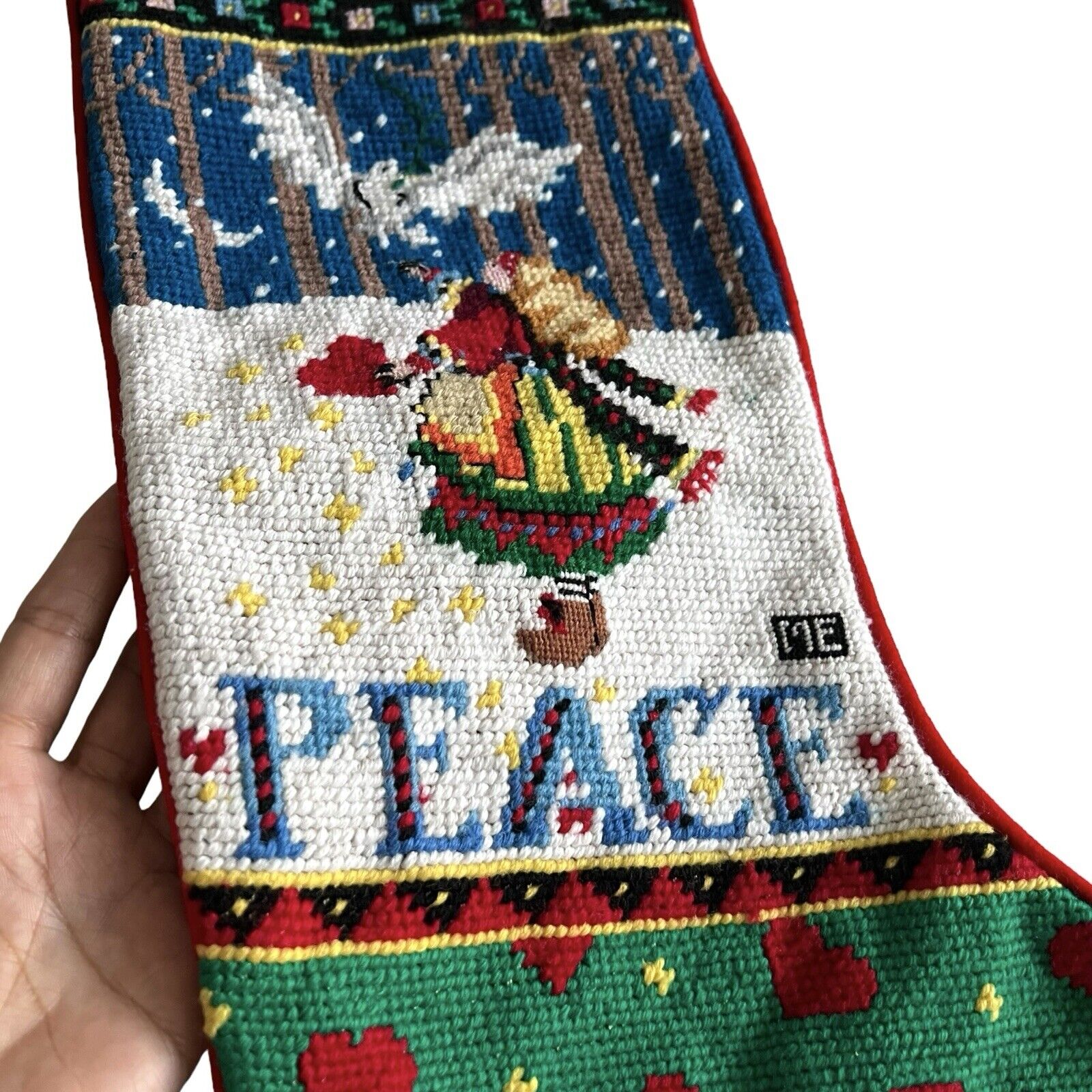 Vintage Mary Engelbreit Needlepoint Christmas Stocking PEACE HOPE LOVE RARE NEW