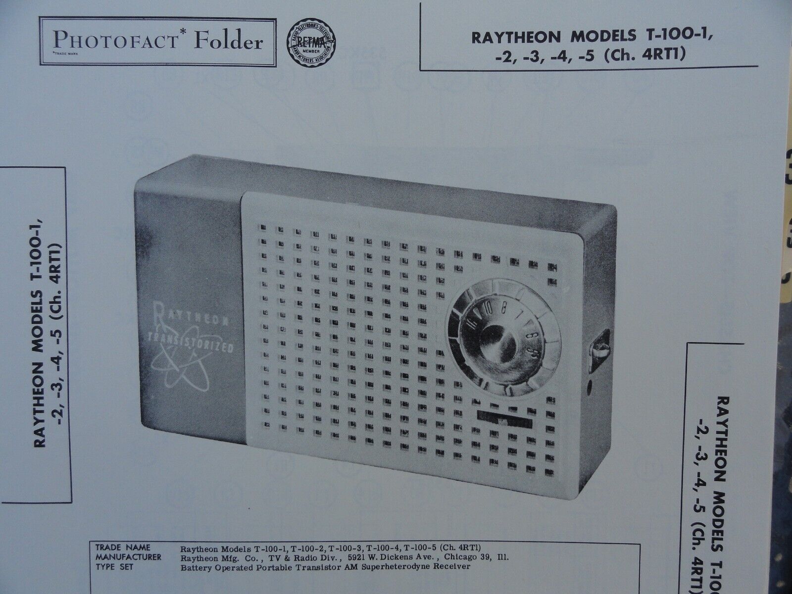 Original Sams Photofact Manual RAYTHEON MODEL T-100-1, T-100-2, T-100-3, T-100-4