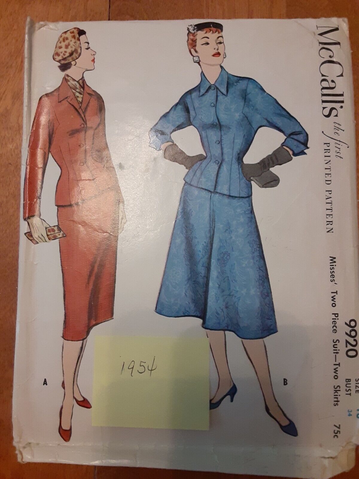 VTG 1954 McCall's #9920 Size 16 Bust 34 Women's 2 Piece Suit-Two Skirts