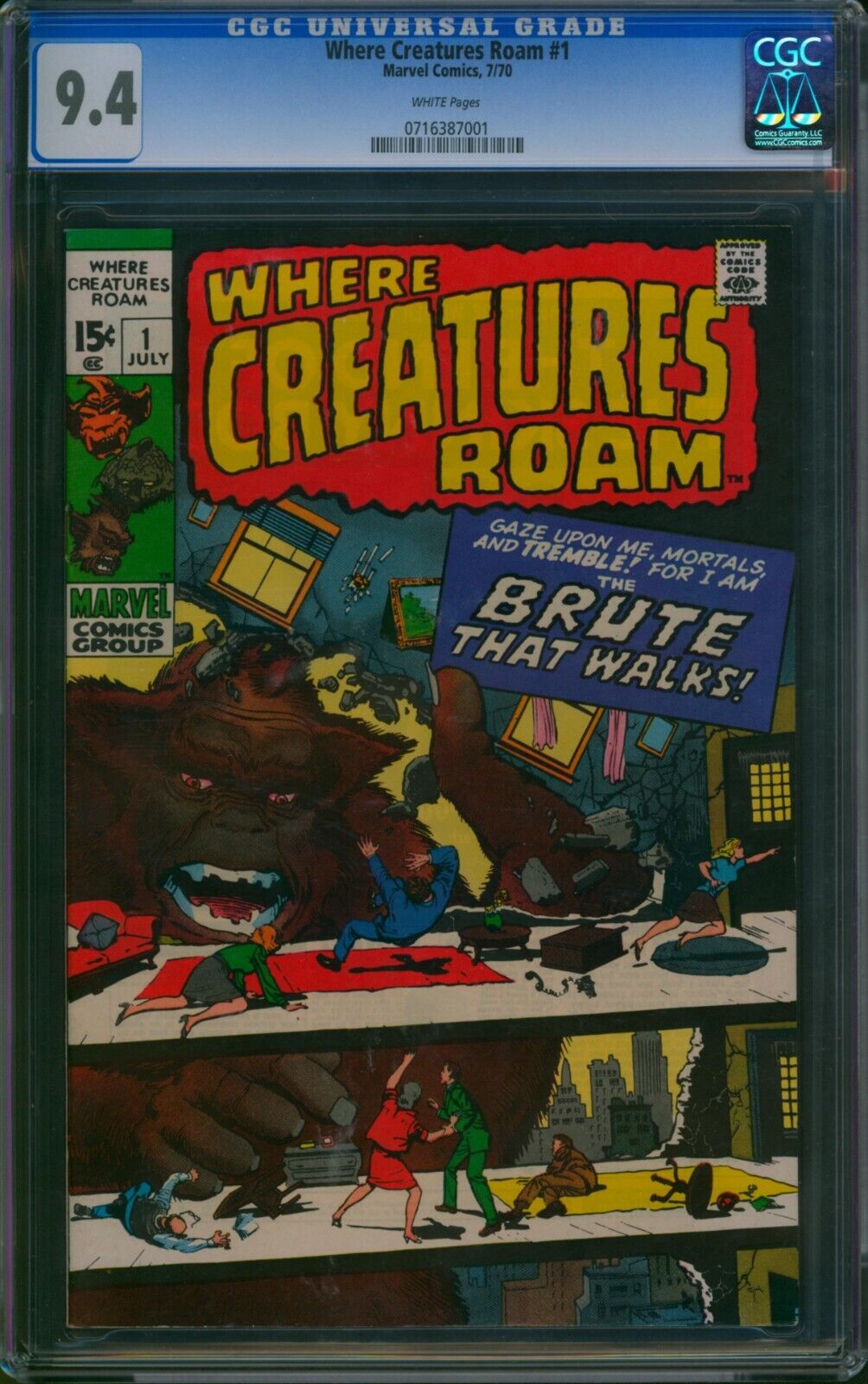 Where Creatures Roam #1 (1970) ⭐ CGC 9.4 ⭐ Rare Bronze Age Horror Comic Marvel