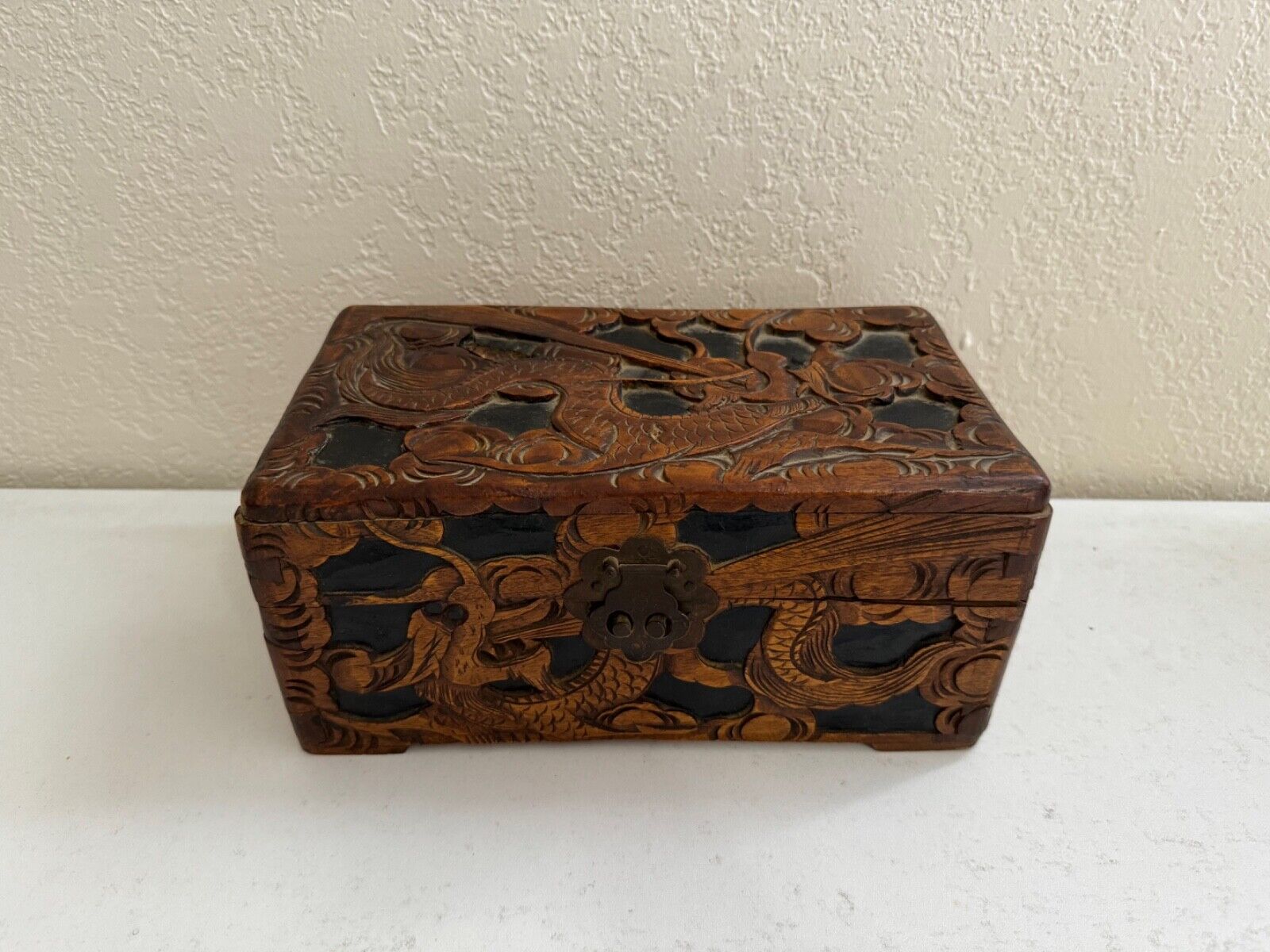Vintage Southeast Asian Carved Wood Box w/ Dragons Design