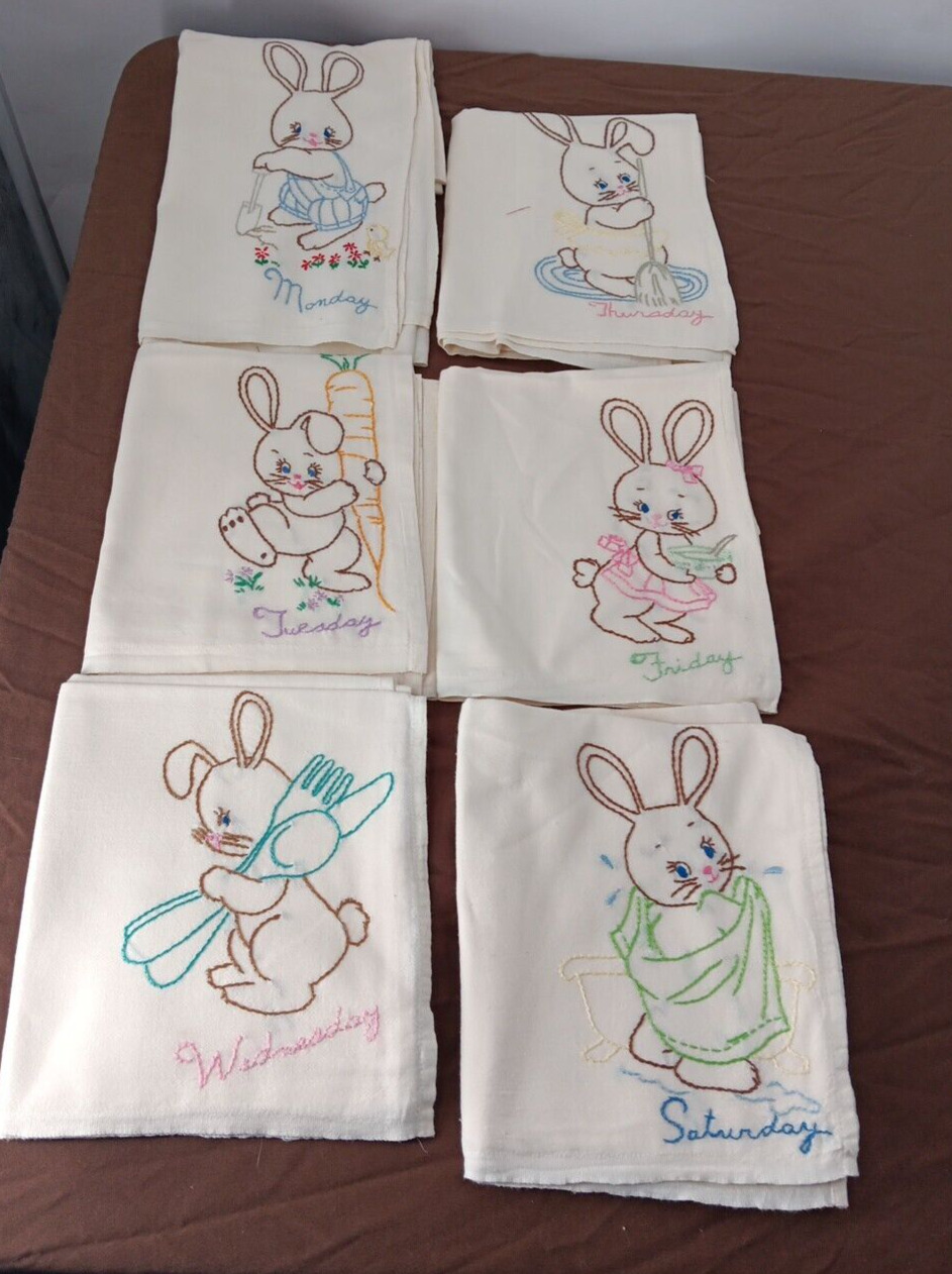 Vintage Six Bunny Theme Hand Embrodered Tea Towels 30 X 35