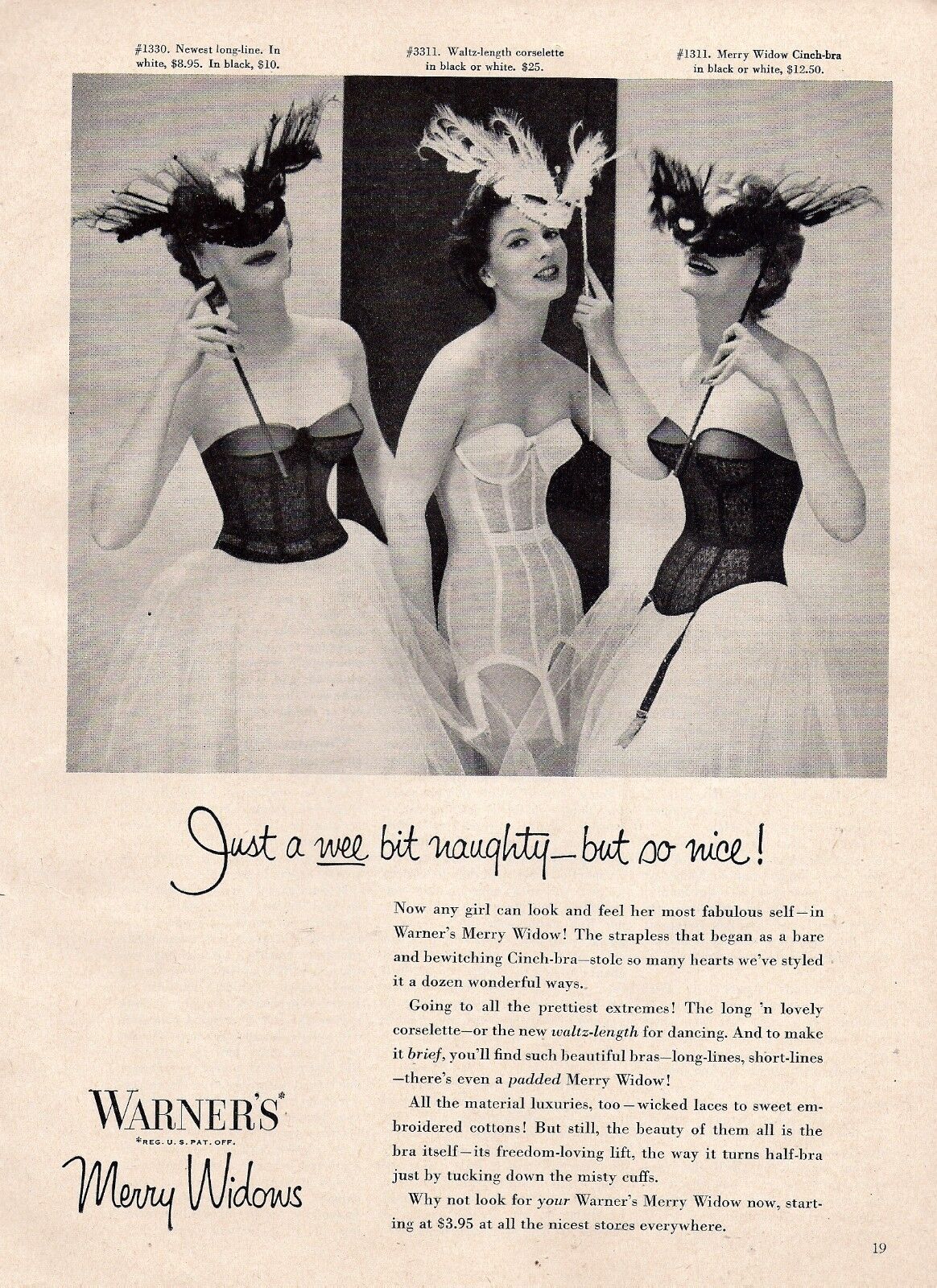 1954 WARNER'S Merry Widow Vintage Bra PRINT AD Feathers
