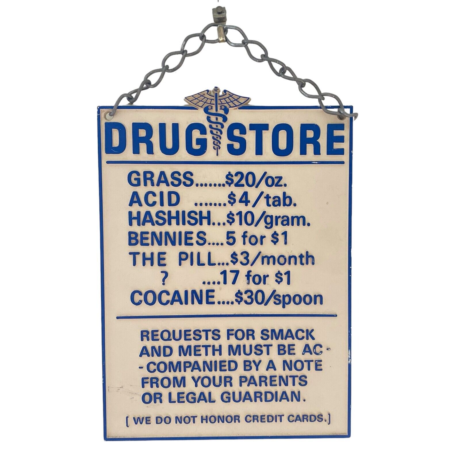 Vintage Humor Drug Store 3-D Hanging Sign Medicine Caduceus Grass Acid Funny 